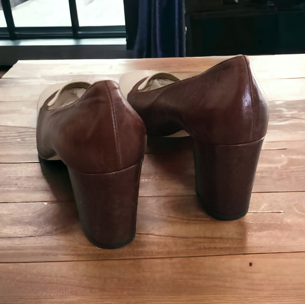 VTG YSL Retro Mod Square Toe Leather Pumps 8 N Heels Brown Yves Saint Laurent - Picture 5 of 16